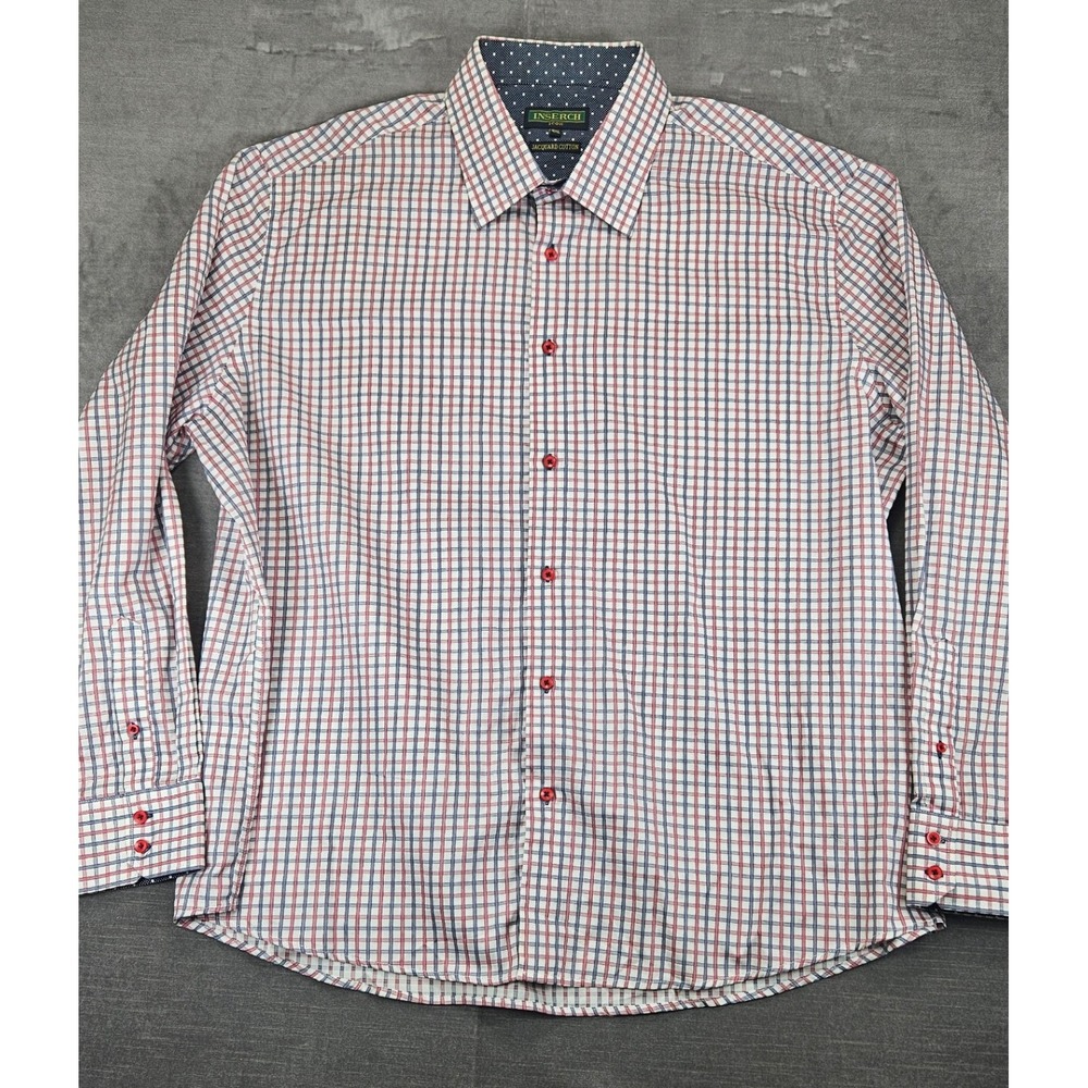 INSERCH‎ Icon Jacquard Cotton Plaid Button Up Long Sleeve Shirt Flip Cuff 4XL